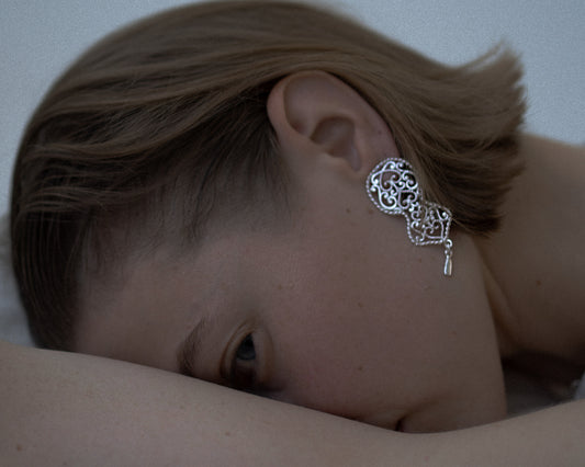 "Silver filigree chandelier ornament earrings"