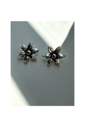 Pair of silver flower-shaped earrings on a light gray background