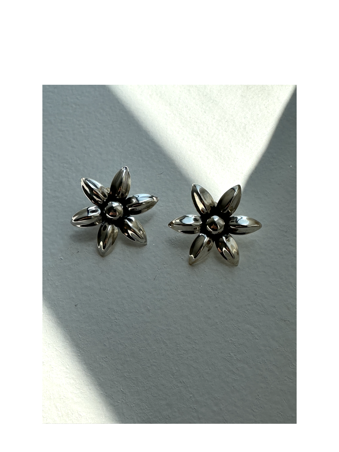 Pair of silver flower-shaped earrings on a light gray background