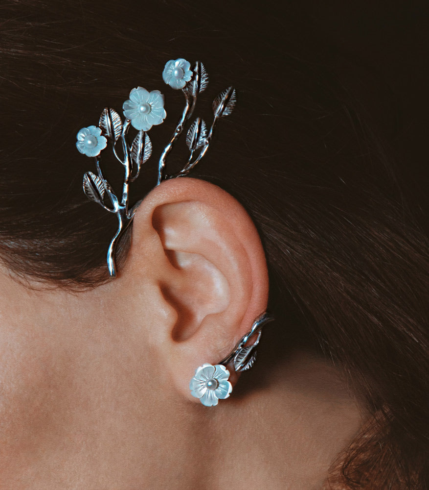 "Silver pearl flower cuff earrings"