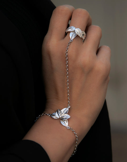 Sterling silver ring-chain bracelet “Leaves”